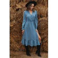 Blue Button Polka Dot High Slit Ruffled Midi Dress