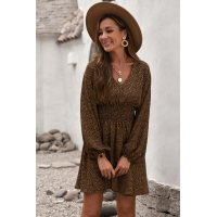 Brown V Neck Balloon Sleeve Smocked Waist Printed Mini Dress