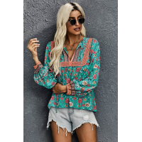 Green V Cut Neck Floral Lantern Sleeve Blouse