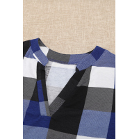 Blue Contrast Plaid V Neck Long Sleeve Top