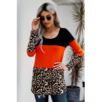 Orange Colorblock Leopard Triple Patchwork Long Sleeve Top