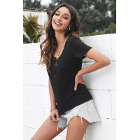 Black Scoop Neck Buttoned Front Ribbed Knit Short Sleeve Top