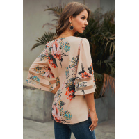 Apricot 3/4 Flared Sleeve Floral Blouse