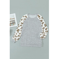 Gray Round Neck Leopard Long Sleeve Top