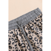 Khaki Leopard Print Drawstring Waist Shorts