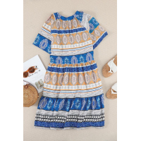 Beige Accent Color Block Bohemian Print Short Sleeve Mini Dress 