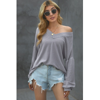 Gray Billowed Sleeve Thermal Knit Top