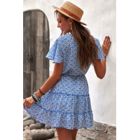 Blue V Neck Short Sleeve Layered Ruffled Floral Dress