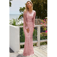 Pink Sequin Fringe Sleeve Prom Maxi Dress