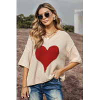 Beige V-neck Dropped Sleeve Heart Print Slouchy Top