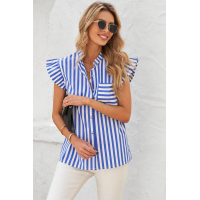 Sky Blue Striped Buttoned Ruffled Sleeve Blouse