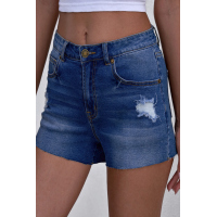 High Rise Distressed Denim Shorts with Pockets