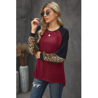 Wine Leopard Splicing High and Low Hem Lantern Sleeve Top with Slits