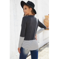 Gray Rhinestone Beading Striped Patchwork Long Sleeve Top