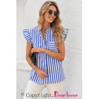 Sky Blue Striped Buttoned Ruffled Sleeve Blouse