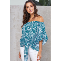 Sky Blue Bohemian Floral Print Off The Shoulder Blouse