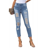 Light Blue Cut Out Distressed Ripped Pockets High Waisted Long Jeans