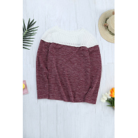 Wine Colorblock Crochet Hollow Out Long Sleeve Top