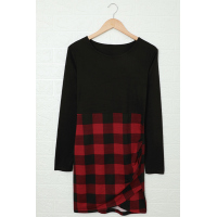 Red Plaid Splicing Ruched Black Long Sleeve Mini Dress