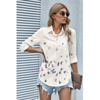 Apricot Butterfly Print Pocketed Shirt