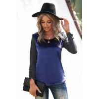 Dark Blue Round Neck Color Block Velvet Pleated Long Sleeve Top