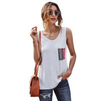 White Casual Women Tank Top with Multicolor Pocket