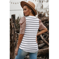 Leopard Ruffle Sleeve Striped T-shirt