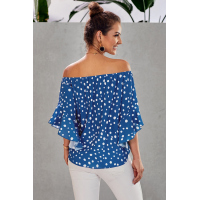 Sky Blue Polka Dot 3/4 Bell Sleeve Off Shoulder Front Tie Knot Top