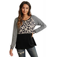 Striped Leopard Splicing Black Long Sleeve Top