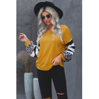 Yellow V Neck Leopard Stripe Splice Lantern Sleeve Top