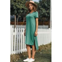 Green Casual Short Sleeve T-shirt Midi Dress with High Splits