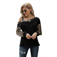 Dew Shoulder Leopard Stitching Long-sleeved Blouse