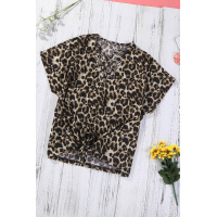 Leopard Hollow-out Neck Tee with Knot Hem