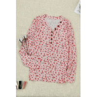 Pink Button V Neck Long Sleeve Floral Top