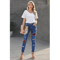 Sky Blue Plaid Patchwork Hollow Out Ripped Jeans