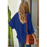 Royal Blue V Neck 3/4 Sleeve High Low Hem Shirt