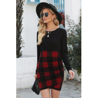 Red Plaid Splicing Ruched Black Long Sleeve Mini Dress