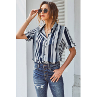 White Navy Striped Short Sleeve Button Shirt