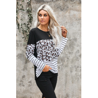 Leopard Striped Patchwork Long Sleeve Top with Pocket