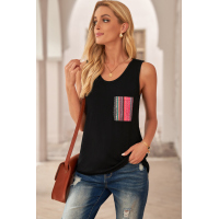 Black Casual Women Tank Top with Multicolor Pocket