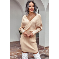 Beige Wrap V Neck Batwing Sleeves Ribbed Sweater Dress