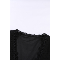 Black Ruffled V Neck Frill Hem Swiss Dot Blouse