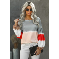 Gray Ombre Tie-dye Colorblock Lantern Sleeves Top