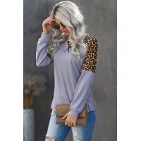 Gray Leopard Stitching Long Sleeve Top