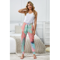 Pink Tie-dye Color Block Drawstring Pants