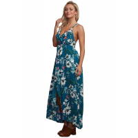 Slate Blue Floral Chiffon Spaghetti Straps Maxi Dress