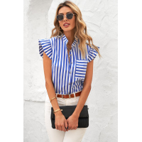 Sky Blue Striped Buttoned Ruffled Sleeve Blouse