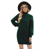 Green Mock Neck Lantern Sleeves Sweater Dress