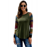 Color Block Long Sleeves Green Pullover Top