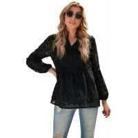 Black Ruffled Split Neck Lace Hollow Out Puff Sleeve Polka Dot Blouse